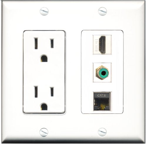 RiteAV - 15 Amp Power Outlet 1 Port HDMI 1 Port RCA Green 1 Port Shielded Cat6 Ethernet Ethernet Decorative Wall Plate
