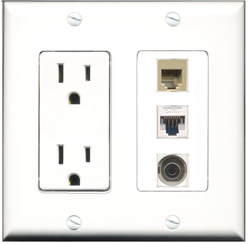RiteAV - 15 Amp Power Outlet 1 Port Phone Beige 1 Port 3.5mm 1 Port Cat5e Ethernet White Decorative Wall Plate