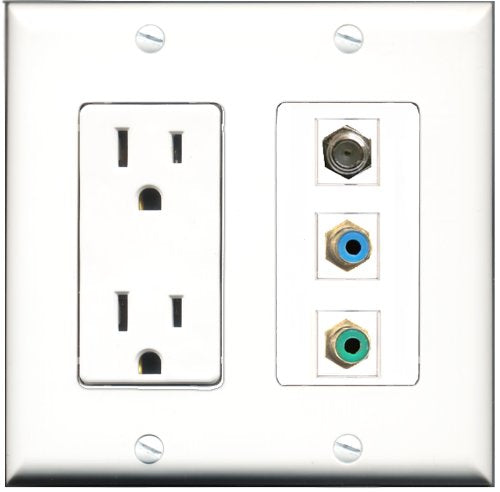 RiteAV - 15 Amp Power Outlet 1 Port RCA Green 1 Port RCA Blue 1 Port Coax Decorative Wall Plate