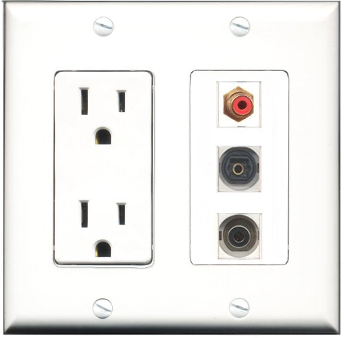 RiteAV - 15 Amp Power Outlet 1 Port RCA Red 1 Port Toslink 1 Port 3.5mm Decorative Wall Plate