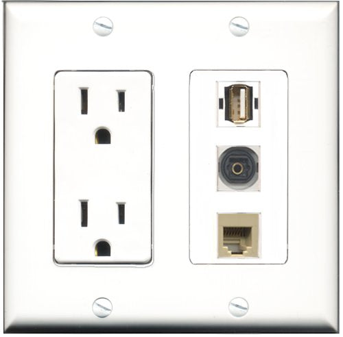 RiteAV - 15 Amp Power Outlet 1 Port USB A-A 1 Port Phone Beige 1 Port Toslink Decorative Wall Plate