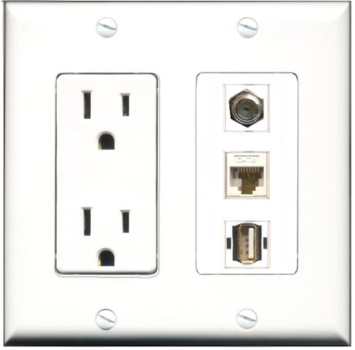 RiteAV - 15 Amp Power Outlet 1 Port Coax 1 Port USB A-A 1 Port Cat6 Ethernet Ethernet White Decorative Wall Plate