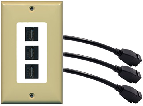 RiteAV (1 Gang Decorative) 3 HDMI Black Wall Plate w/ Pigtail Extension Cable Ivory on White