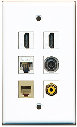 RiteAV - 2 HDMI 1 Port RCA Yellow 1 Port Phone RJ11 RJ12 Beige 1 Port 3.5mm 1 Port Cat5e Ethernet White Wall Plate