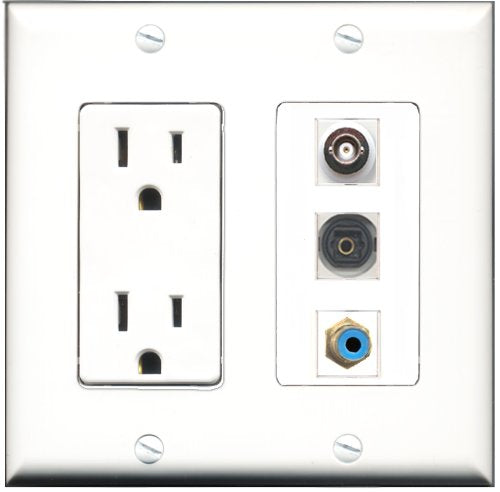 RiteAV - 15 Amp Power Outlet 1 Port RCA Blue 1 Port Toslink 1 Port BNC Decorative Wall Plate