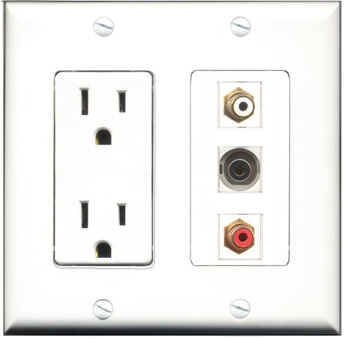 RiteAV - 15 Amp Power Outlet 1 Port RCA Red 1 Port RCA White 1 Port 3.5mm Decorative Wall Plate