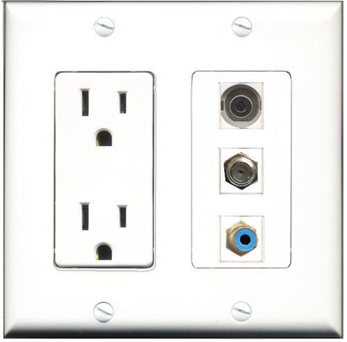 RiteAV - 15 Amp Power Outlet 1 Port RCA Blue 1 Port Coax 1 Port 3.5mm Decorative Wall Plate