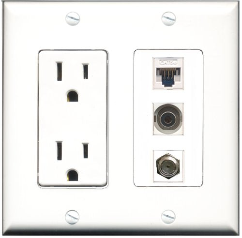 RiteAV - 15 Amp Power Outlet 1 Port Coax 1 Port 3.5mm 1 Port Cat5e Ethernet White Decorative Wall Plate