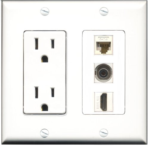 RiteAV - 15 Amp Power Outlet 1 Port HDMI 1 Port 3.5mm 1 Port Cat6 Ethernet Ethernet White Decorative Wall Plate