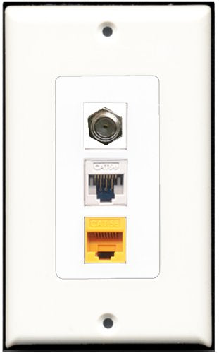 RiteAV - 1 Port Coax Cable TV- F-Type 1 Cat5e Ethernet White 1 Cat5e Ethernet Yellow Wall Plate Decorative