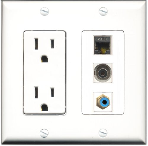 RiteAV - 15 Amp Power Outlet 1 Port RCA Blue 1 Port Shielded Cat6 Ethernet Ethernet 1 Port 3.5mm Decorative Wall Plate