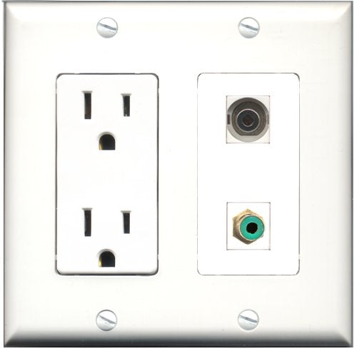 RiteAV - 15 Amp Power Outlet and 1 Port RCA Green and 1 Port 3.5mm Decorative Type Wall Plate White