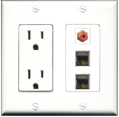 RiteAV - 15 Amp Power Outlet 1 Port RCA Red 2 Port Shielded Cat6 Ethernet Ethernet Decorative Wall Plate
