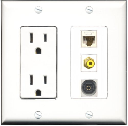 RiteAV - 15 Amp Power Outlet 1 Port RCA Yellow 1 Port Toslink 1 Port Cat6 Ethernet Ethernet White Decorative Wall Plate