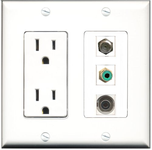 RiteAV - 15 Amp Power Outlet 1 Port RCA Green 1 Port Coax 1 Port 3.5mm Decorative Wall Plate