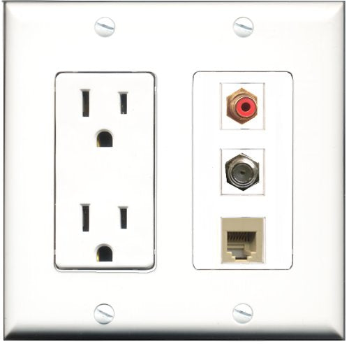 RiteAV - 15 Amp Power Outlet 1 Port RCA Red 1 Port Coax 1 Port Phone Beige Decorative Wall Plate