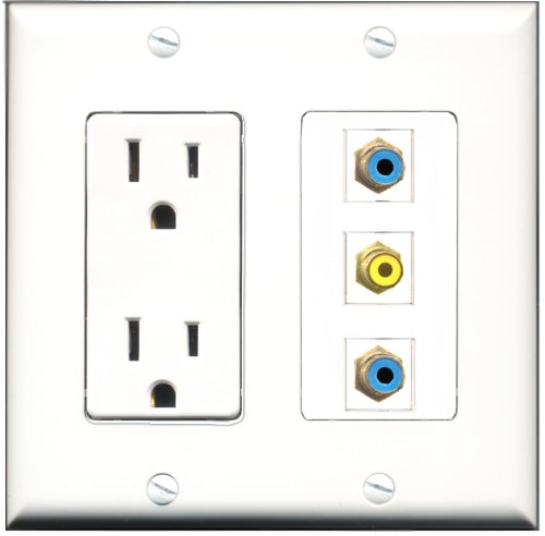 RiteAV - 15 Amp Power Outlet 1 Port RCA Yellow 2 Port RCA Blue Decorative Wall Plate