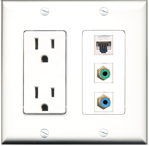 RiteAV - 15 Amp Power Outlet 1 Port RCA Green 1 Port RCA Blue 1 Port Cat5e Ethernet White Decorative Wall Plate