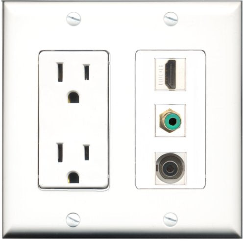 RiteAV - 15 Amp Power Outlet 1 Port HDMI 1 Port RCA Green 1 Port 3.5mm Decorative Wall Plate