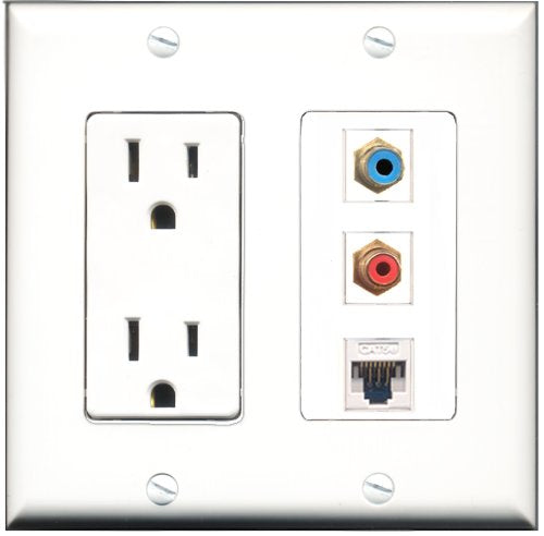 RiteAV - 15 Amp Power Outlet 1 Port RCA Red 1 Port RCA Blue 1 Port Cat5e Ethernet White Decorative Wall Plate