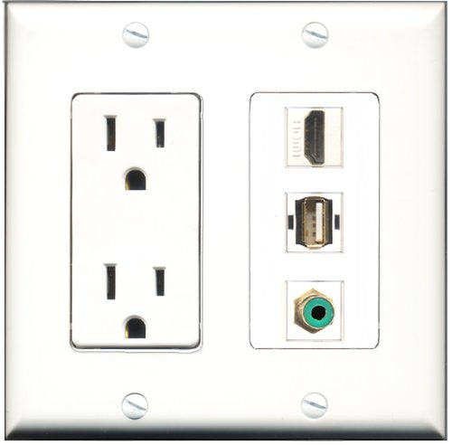 RiteAV - 15 Amp Power Outlet 1 Port HDMI 1 Port RCA Green 1 Port USB A-A Decorative Wall Plate
