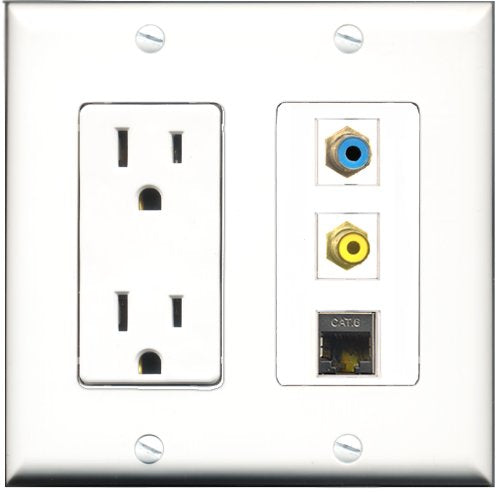 RiteAV - 15 Amp Power Outlet 1 Port RCA Yellow 1 Port RCA Blue 1 Port Shielded Cat6 Ethernet Ethernet Decorative Wall Plate