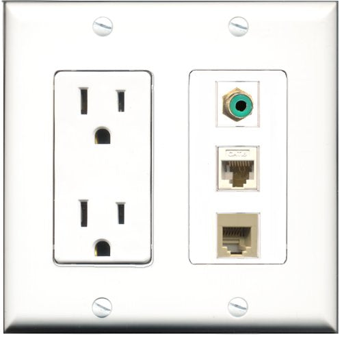 RiteAV - 15 Amp Power Outlet 1 Port RCA Green 1 Port Phone Beige 1 Port Cat6 Ethernet Ethernet White Decorative Wall Plate