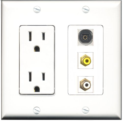 RiteAV - 15 Amp Power Outlet 1 Port RCA White 1 Port RCA Yellow 1 Port Toslink Decorative Wall Plate