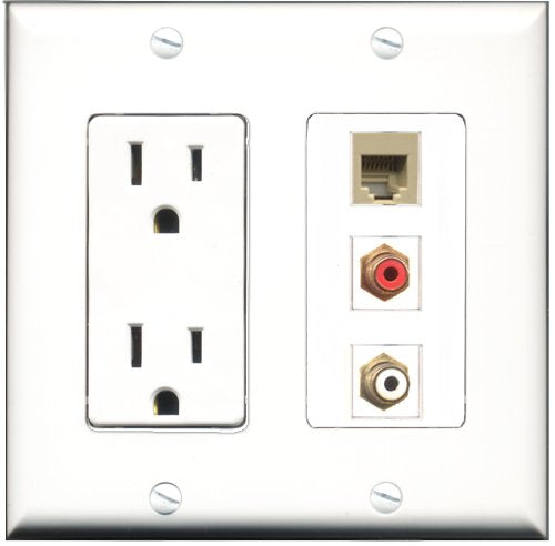 RiteAV - 15 Amp Power Outlet 1 Port RCA Red 1 Port RCA White 1 Port Phone Beige Decorative Wall Plate