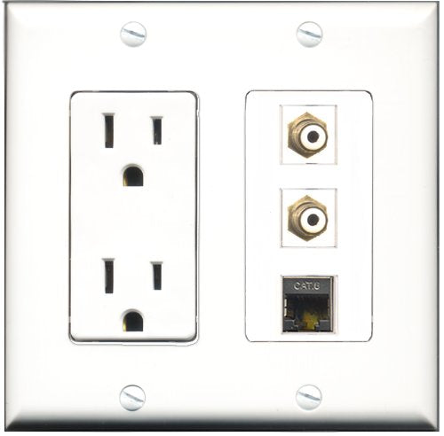 RiteAV - 15 Amp Power Outlet 2 Port RCA White 1 Port Shielded Cat6 Ethernet Ethernet Decorative Wall Plate