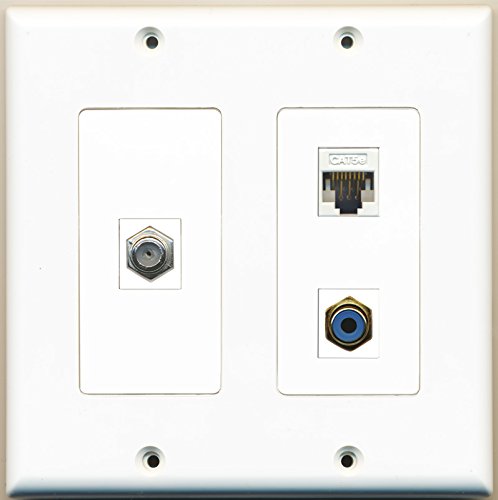 RiteAV - 1 Port RCA Blue 1 Port Coax Cable TV- F-Type 1 Port Cat5e Ethernet White - 2 Gang Wall Plate