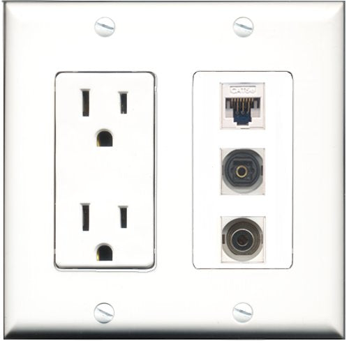 RiteAV - 15 Amp Power Outlet 1 Port Toslink 1 Port 3.5mm 1 Port Cat5e Ethernet White Decorative Wall Plate