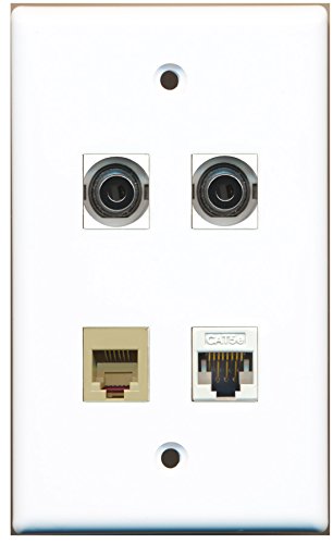 RiteAV - 1 Port Phone RJ11 RJ12 Beige 2 Port 3.5mm 1 Port Cat5e Ethernet White Wall Plate