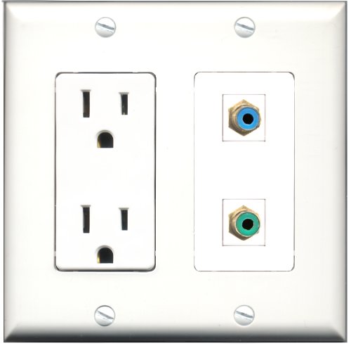 RiteAV - 15 Amp Power Outlet and 1 Port RCA Green and 1 Port RCA Blue Decorative Type Wall Plate White