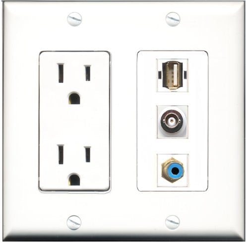 RiteAV - 15 Amp Power Outlet 1 Port RCA Blue 1 Port USB A-A 1 Port BNC Decorative Wall Plate