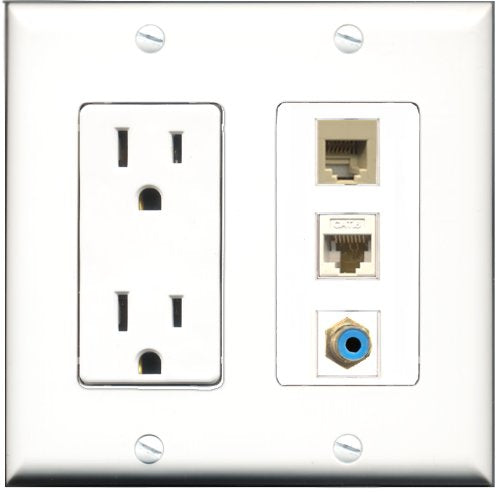 RiteAV - 15 Amp Power Outlet 1 Port RCA Blue 1 Port Phone Beige 1 Port Cat6 Ethernet Ethernet White Decorative Wall Plate