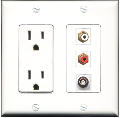 RiteAV - 15 Amp Power Outlet 1 Port RCA Red 1 Port RCA White 1 Port BNC Decorative Wall Plate