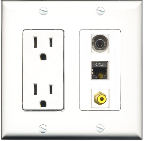RiteAV - 15 Amp Power Outlet 1 Port RCA Yellow 1 Port Shielded Cat6 Ethernet Ethernet 1 Port 3.5mm Decorative Wall Plate