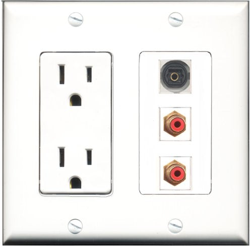 RiteAV - 15 Amp Power Outlet 2 Port RCA Red 1 Port Toslink Decorative Wall Plate