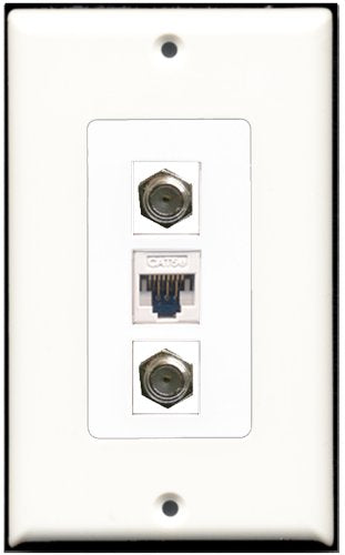 RiteAV - 2 Port Coax Cable TV- F-Type 1 Cat5e Ethernet White Wall Plate Decorative