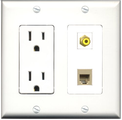 RiteAV - 15 Amp Power Outlet and 1 Port RCA Yellow and 1 Port Phone RJ11 RJ12 Beige Decorative Type Wall Plate White