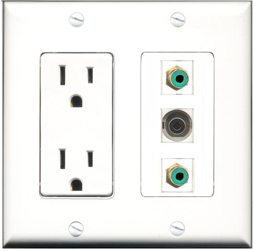 RiteAV - 15 Amp Power Outlet 2 Port RCA Green 1 Port 3.5mm Decorative Wall Plate