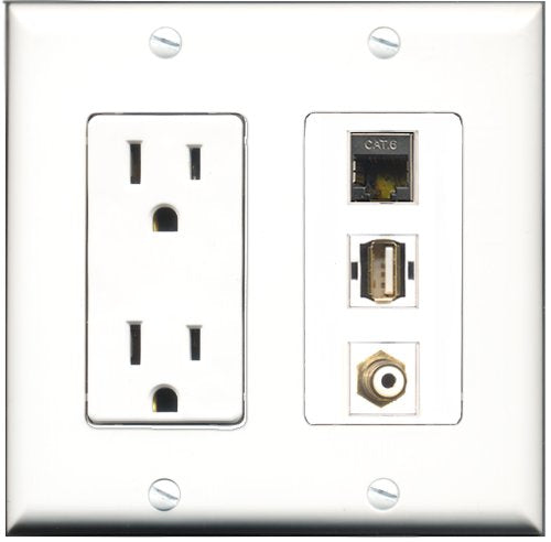 RiteAV - 15 Amp Power Outlet 1 Port RCA White 1 Port USB A-A 1 Port Shielded Cat6 Ethernet Ethernet Decorative Wall Plate