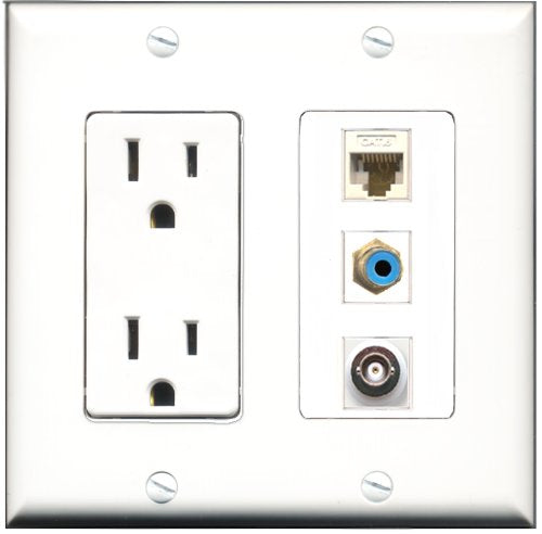 RiteAV - 15 Amp Power Outlet 1 Port RCA Blue 1 Port BNC 1 Port Cat6 Ethernet Ethernet White Decorative Wall Plate