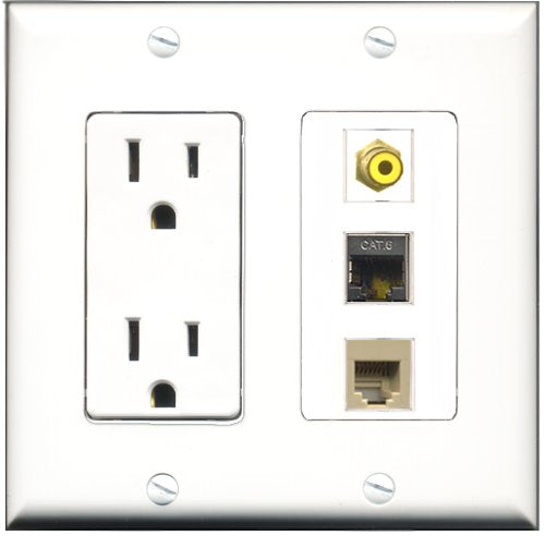 RiteAV - 15 Amp Power Outlet 1 Port RCA Yellow 1 Port Phone Beige 1 Port Shielded Cat6 Ethernet Ethernet Decorative Wall Plate