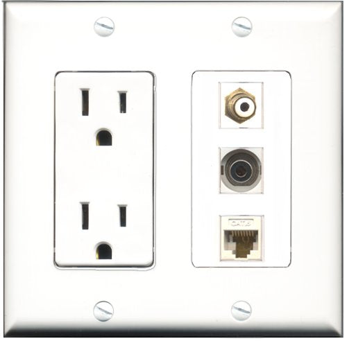 RiteAV - 15 Amp Power Outlet 1 Port RCA White 1 Port 3.5mm 1 Port Cat6 Ethernet Ethernet White Decorative Wall Plate