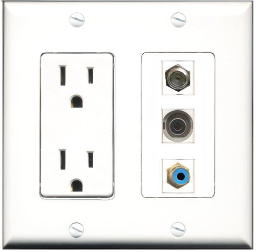 RiteAV - 15 Amp Power Outlet 1 Port RCA Blue 1 Port Coax 1 Port 3.5mm Decorative Wall Plate