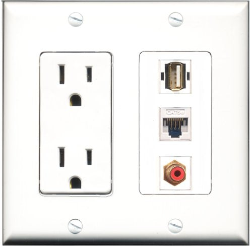 RiteAV - 15 Amp Power Outlet 1 Port RCA Red 1 Port USB A-A 1 Port Cat5e Ethernet White Decorative Wall Plate