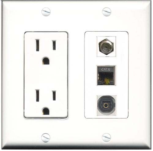 RiteAV - 15 Amp Power Outlet 1 Port Coax 1 Port Shielded Cat6 Ethernet Ethernet 1 Port Toslink Decorative Wall Plate