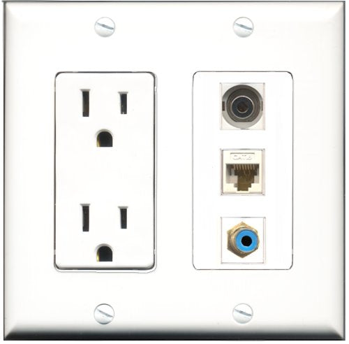 RiteAV - 15 Amp Power Outlet 1 Port RCA Blue 1 Port 3.5mm 1 Port Cat6 Ethernet Ethernet White Decorative Wall Plate